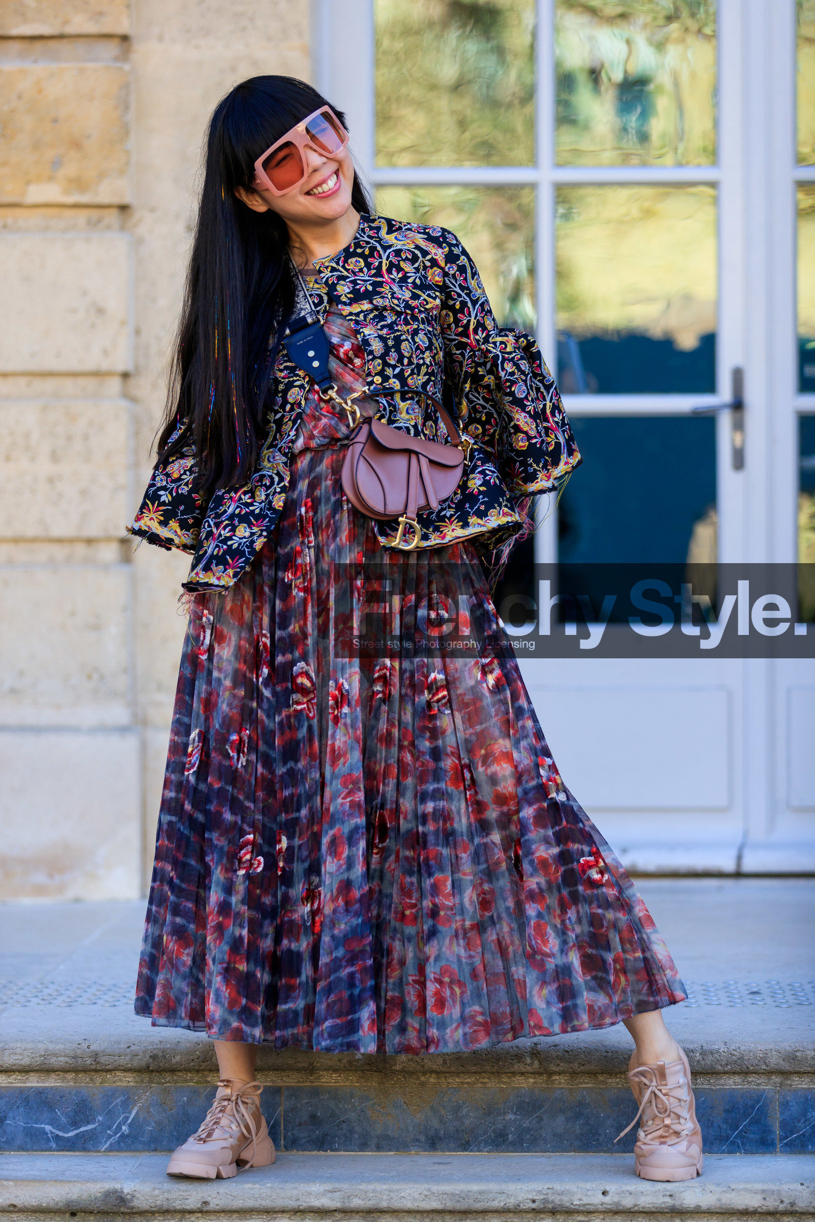 christian dior, floral, flowers, graphic dress, graphic jacket, leather bag, leather shoes, multicolor jacket, pink bag, pink dress, pink sneakers, printed dress, printed jacket, purple dress, saddle bag, sunglasses, susie lau, fashion week, frenchystyle, FW, jonathan paciullo, street style, PFW, PARIS, AUTUMN WINTER 2019-2020, AW 19-20, FALL WINTER 2019-2020, FW 19-20, vertical, full length