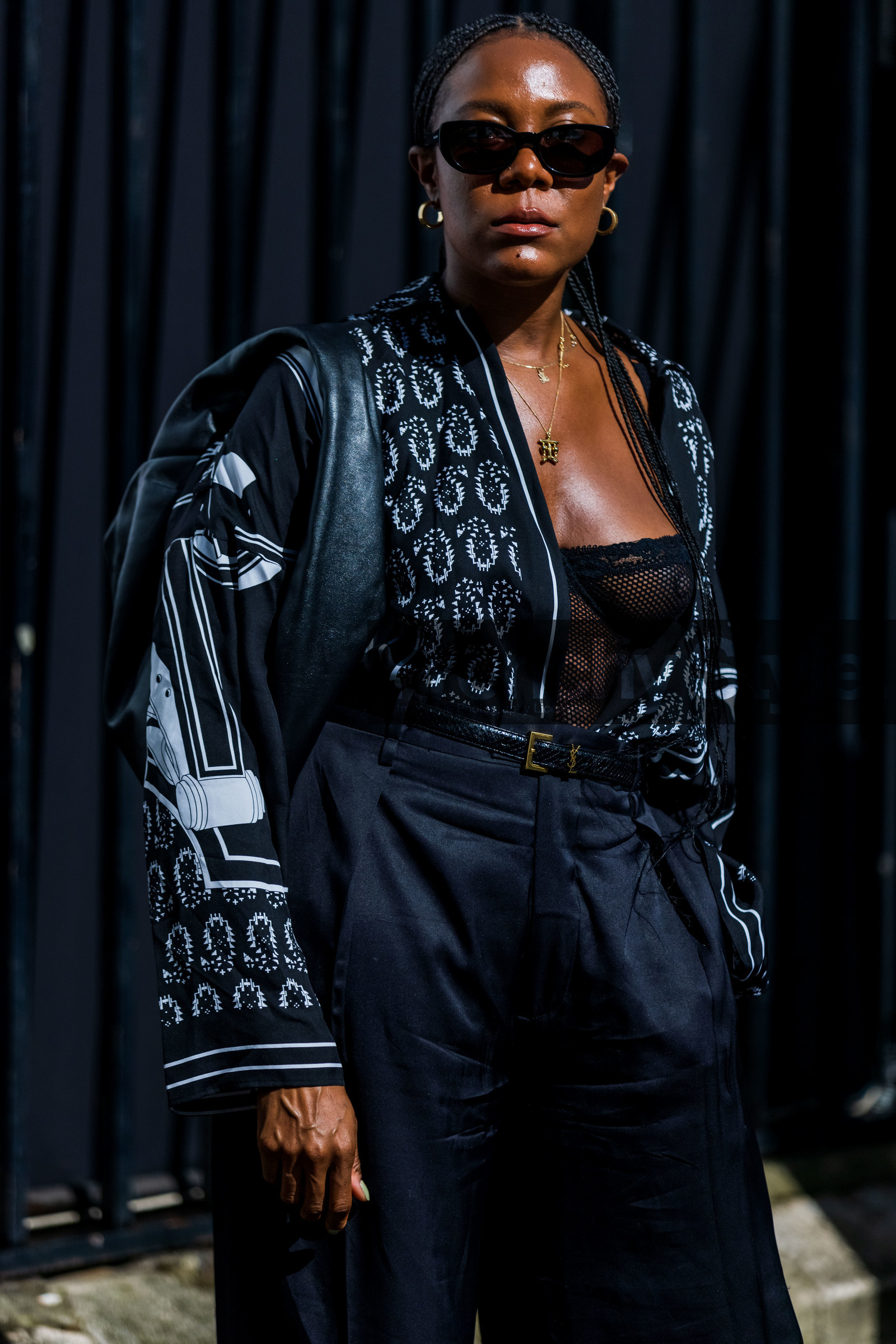 bag, black bag, black belt, black blouse, black body, black monochrome, black pants, black sunglasses, blouse, flare pants, fluid pants, gold earrings, gold hoops, gold necklace, Jessica Willis, lingerie, pants, printed blouse, sunglasses, street style, jonathan paciullo, FW, frenchystyle, fashion week, PFW, PARIS, SPRING SUMMER 2022, SS 22, vertical, atmosphere details