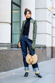 AUTUMN WINTER 2017-2018, AW 17-18, beige bag, black shoes, black top, blue denim, denim pants, Doina Ciobanu, FALL WINTER 2017-2018, fashion week, frenchystyle, full length, FW, FW 17-18, green jacket, high heels, jeans, jonathan paciullo, leather bag, leather shoes, LFW, loewe, LONDON, street style, trousers, vertical