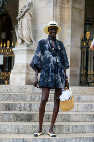 ballerinas, basket, black dress, chanel, graphic dress, leather bag, leather shoes, necklace, printed dress, straw hat, fashion week, frenchystyle, FW, jonathan paciullo, street style, PFW, PARIS, vertical, full length, model, AUTUMN WINTER 2018-2019, FALL WINTER 2018-2019, FW 18-19
