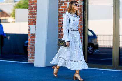atmosphere details, brown shoes, fashion week, frenchystyle, full length, FW, graphic bag, graphic dress, high heels, horizontal, jonathan paciullo, leather bag, leather shoes, louis vuitton, MFW, MILAN, monogram, printed bag, printed dress, SPRING SUMMER 2018, SS 18, street style, sunglasses, white dress