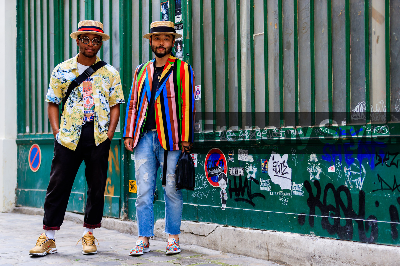 atmosphere details, black bag, black pants, black t shirt, blue denim, denim pants, fashion week, frenchystyle, full length, FW, golden sneakers, graphic jacket, hawaiian shirt, horizontal, jeans, jonathan paciullo, leather bag, leather shoes, MENSWEAR, multicolor jacket, nabile quenum, PARIS, PFW, printed jacket, printed shirt, printed t shirt, SPRING SUMMER 2018, SS 18, straw hat, street style, striped jacket, sunglasses, trousers, white t shirt, yellow shirt
