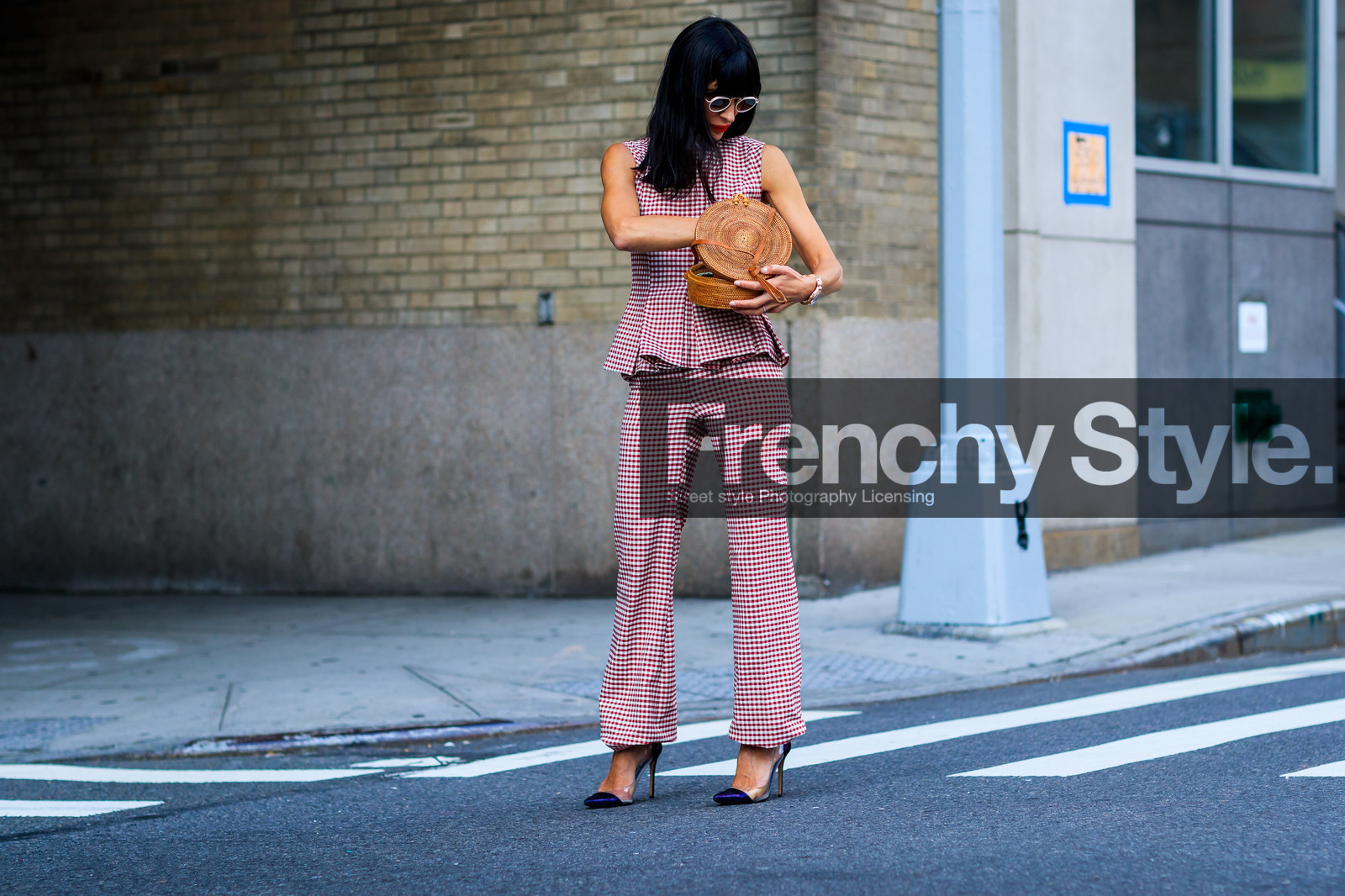 atmosphere details, checked pants, checked top, fashion week, frenchystyle, full length, FW, gingham, graphic bag, high heels, horizontal, jonathan paciullo, leather shoes, NEW YORK, NYFW, printed pants, printed top, red pants, red top, SPRING SUMMER 2018, SS 18, straw bag, street style, sunglasses, transparent shoes, trousers