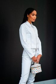 laura harrier, white jacket, white pants, white leather bag, box bag, hand bag, square shape bag, monogrammed bag, technical fabric jacket, technical fabric pants, zipped jacket, louis vuitton bag, louis vuitton jacket, louis vuitton pants, louis vuitton total look, white total look, PARIS, PFW, fashion week, frenchystyle, FW, jonathan paciullo, street style, SPRING SUMMER 2021, SS 21, vertical, atmosphere details, detail