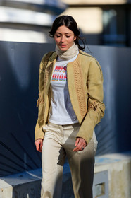 beige jacket, beige pants, beige scarf, christian dior, printed t shirt, trousers, vanille verloes, white t shirt, fashion week, frenchystyle, FW, jonathan paciullo, street style, PFW, PARIS, AUTUMN WINTER 2019-2020, AW 19-20, FALL WINTER 2019-2020, FW 19-20, vertical, atmosphere details, detail