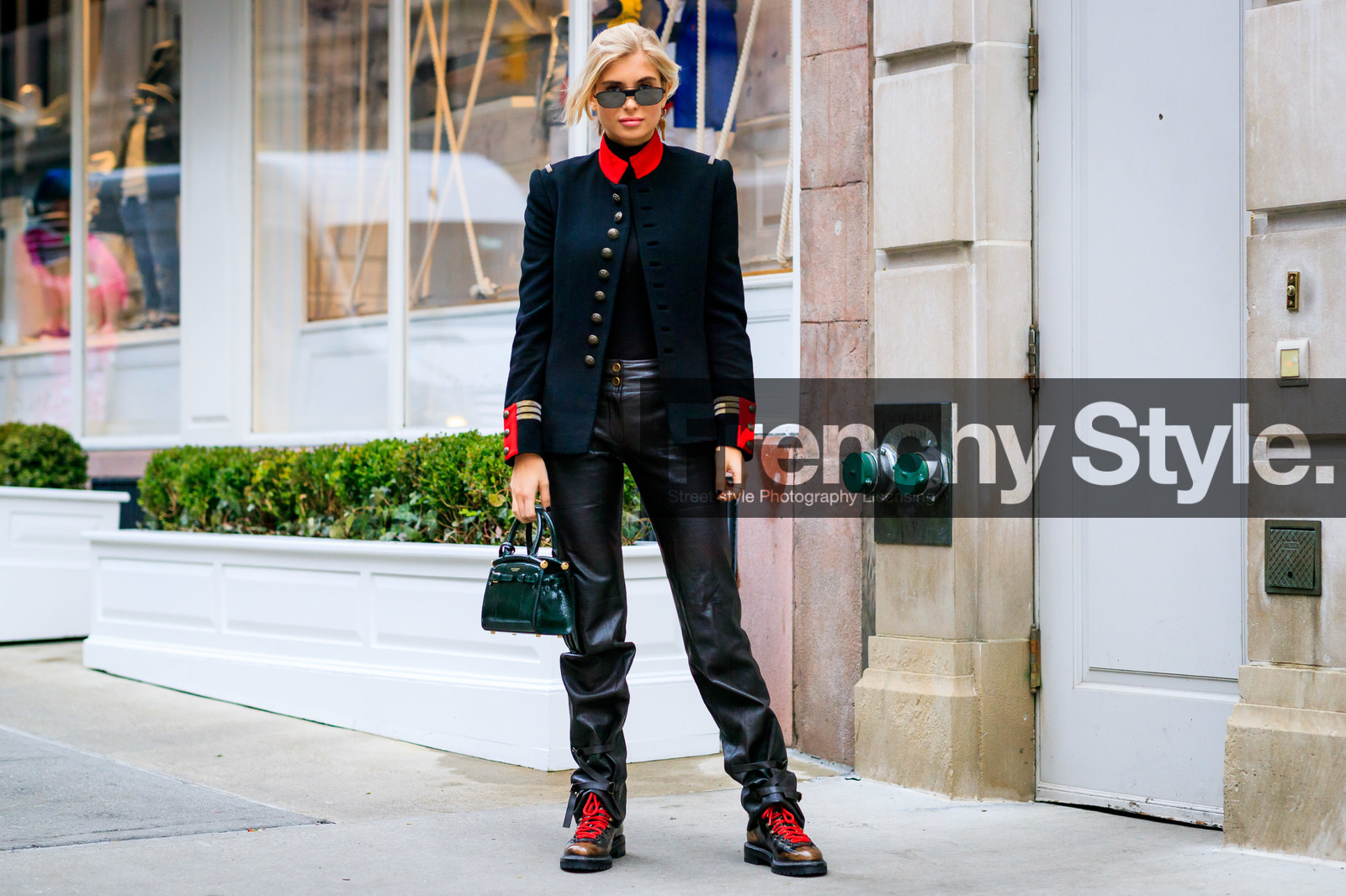 black jacket, black pants, black shoes, brown boot, green bag, leather bag, leather pants, leather shoes, ralph lauren, sunglasses, trousers, xenia adonts, frenchystyle, jonathan paciullo, street style, NYFW, NEW YORK, AUTUMN WINTER 2019-2020, AW 19-20, FALL WINTER 2019-2020, FW 19-20, fashion week, FW, atmosphere details, horizontal, full length