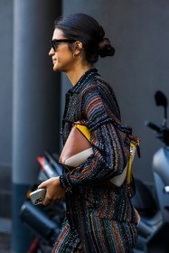 brown bag, bun, colored bag, hoops, loewe bag, Marta Lozano, missoni look, printed pants, printed shirt, sequin, striped pants, striped shirt, stripes, leather bag, print, fashion week, frenchystyle, FW, jonathan paciullo, street style, MFW, MILAN, SPRING SUMMER 2022, SS 22, vertical, atmosphere details, detail