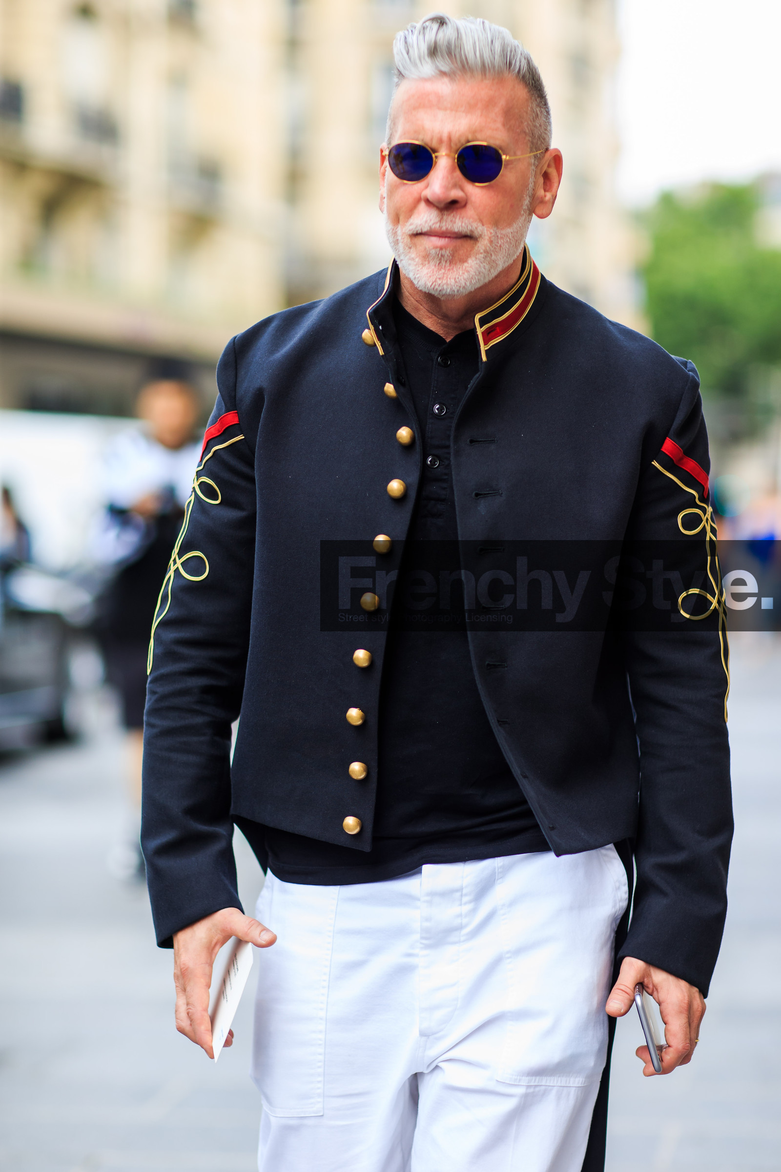 black t shirt, embroidered jacket, fashion week, frenchystyle, full length, FW, jonathan paciullo, MENSWEAR, navy jacket, nick wooster, PARIS, PFW, SPRING SUMMER 2017, SS 17, street style, sunglasses, trousers, vertical, white pants
