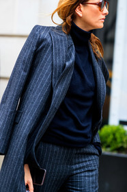 black sweater, graphic jacket, graphic pants, grey coat, grey pants, over the shoulder, printed jacket, printed pants, stripes, sunglasses, trousers, turtleneck sweater, frenchystyle, jonathan paciullo, street style, NYFW, NEW YORK, AUTUMN WINTER 2019-2020, AW 19-20, FALL WINTER 2019-2020, FW 19-20, fashion week, FW, vertical, atmosphere details, detail