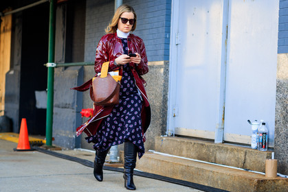 black shoes, blue dress, graphic dress, high boots, high heels, leather bag, leather coat, leather shoes, printed dress, red bag, red coat, sunglasses, vinyl, fashion week, frenchystyle, FW, jonathan paciullo, street style, NYFW, NEW YORK, AUTUMN WINTER 2018-2019, AW 18-19, FALL WINTER 2018-2019, FW 18-19, atmosphere details, horizontal, full length