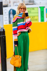 graphic sweater, green pants, jeanette madsen, leather bag, multicolor sweater, printed scarf, printed sweater, striped sweater, sunglasses, trousers, yellow bag, street style, jonathan paciullo, FW, frenchystyle, fashion week, LFW, LONDON, AUTUMN WINTER 2019-2020, AW 19-20, FW 19-20, FALL WINTER 2019-2020, vertical, atmosphere details, detail
