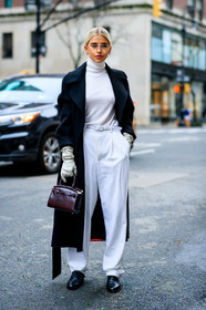 black coat, black shoes, bordeaux, brown bag, burgundy, caro daur, leather bag, leather gloves, leather shoes, ralph lauren, sunglasses, trousers, turtleneck sweater, white gloves, white pants, white sweater, frenchystyle, jonathan paciullo, street style, NYFW, NEW YORK, AUTUMN WINTER 2019-2020, AW 19-20, FALL WINTER 2019-2020, FW 19-20, fashion week, FW, vertical, full length