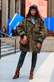 animal print, AUTUMN WINTER 2016-2017, AW 16-17, black cap, brown bag, brown boots, brown fur, camo jacket, camouflage, FALL WINTER 2016-2017, fashion week, frenchystyle, full length, fur bag, FW, FW 16-17, green pants, high heels, jonathan paciullo, kaki jacket, leather pants, military jacket, NEW YORK, NYFW, oversize, street style, suede shoes, trousers, vertical, woman
