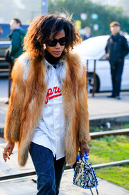 AUTUMN WINTER 2017-2018, AW 17-18, brown fur, brown jacket, denim pants, detail, FALL WINTER 2017-2018, fashion week, frenchystyle, fur jacket, FW, FW 17-18, jan q, jan-michael quammie, jeans, jonathan paciullo, leather bag, MFW, MILAN, silver top, snake print, street style, sunglasses, supreme, trousers, vertical