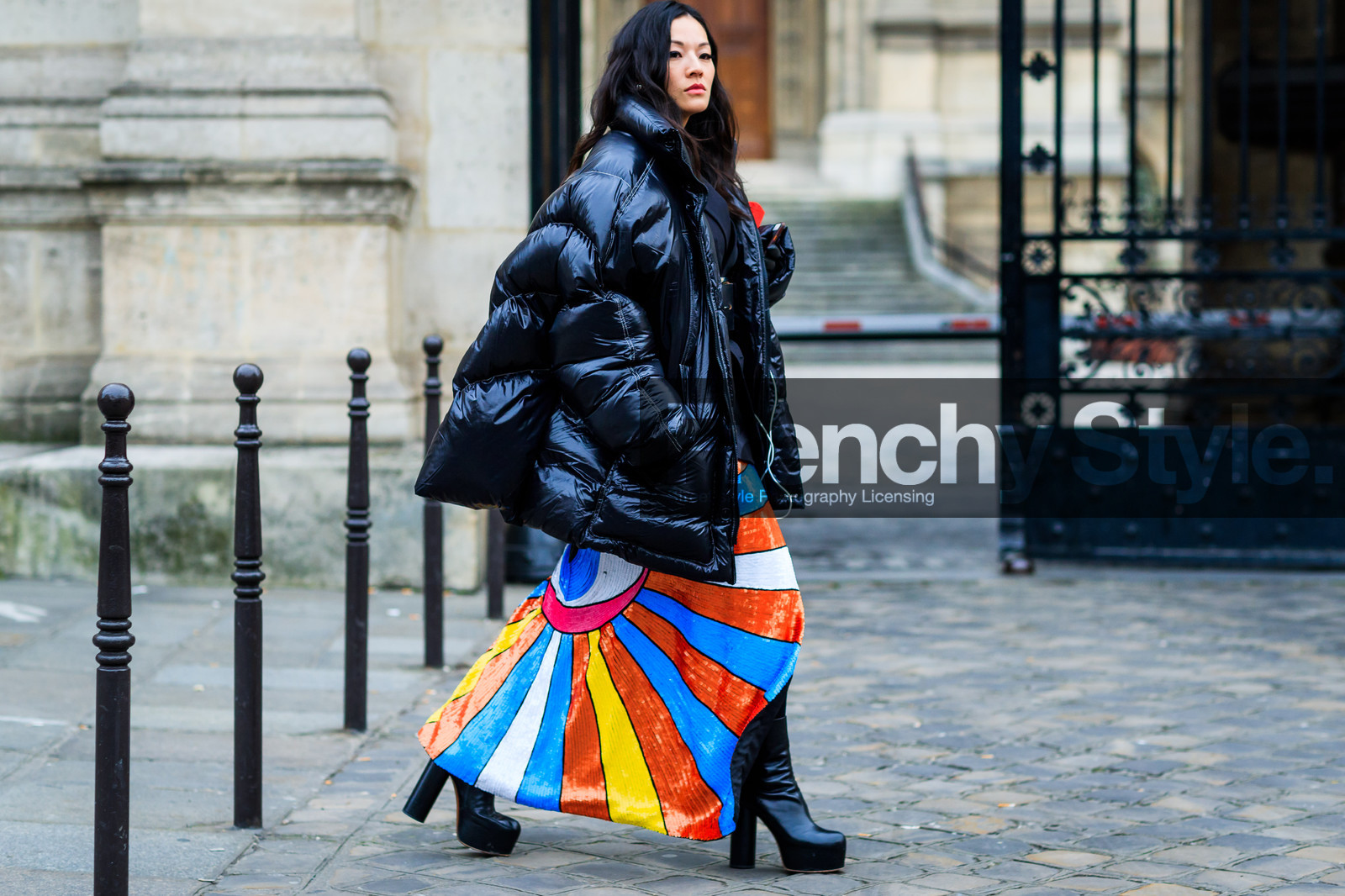 balenciaga, black jacket, down jacket, graphic skirt, multicolor skirt, printed skirt, sequined skirt, shiny skirt, oversize, glitter, high heels, black boots, leather shoes, fashion week, frenchystyle, FW, jonathan paciullo, street style, PFW, PARIS, SPRING SUMMER 2017, SS 17, HAUTE COUTURE, atmosphere details, full length, horizontal, tina leung