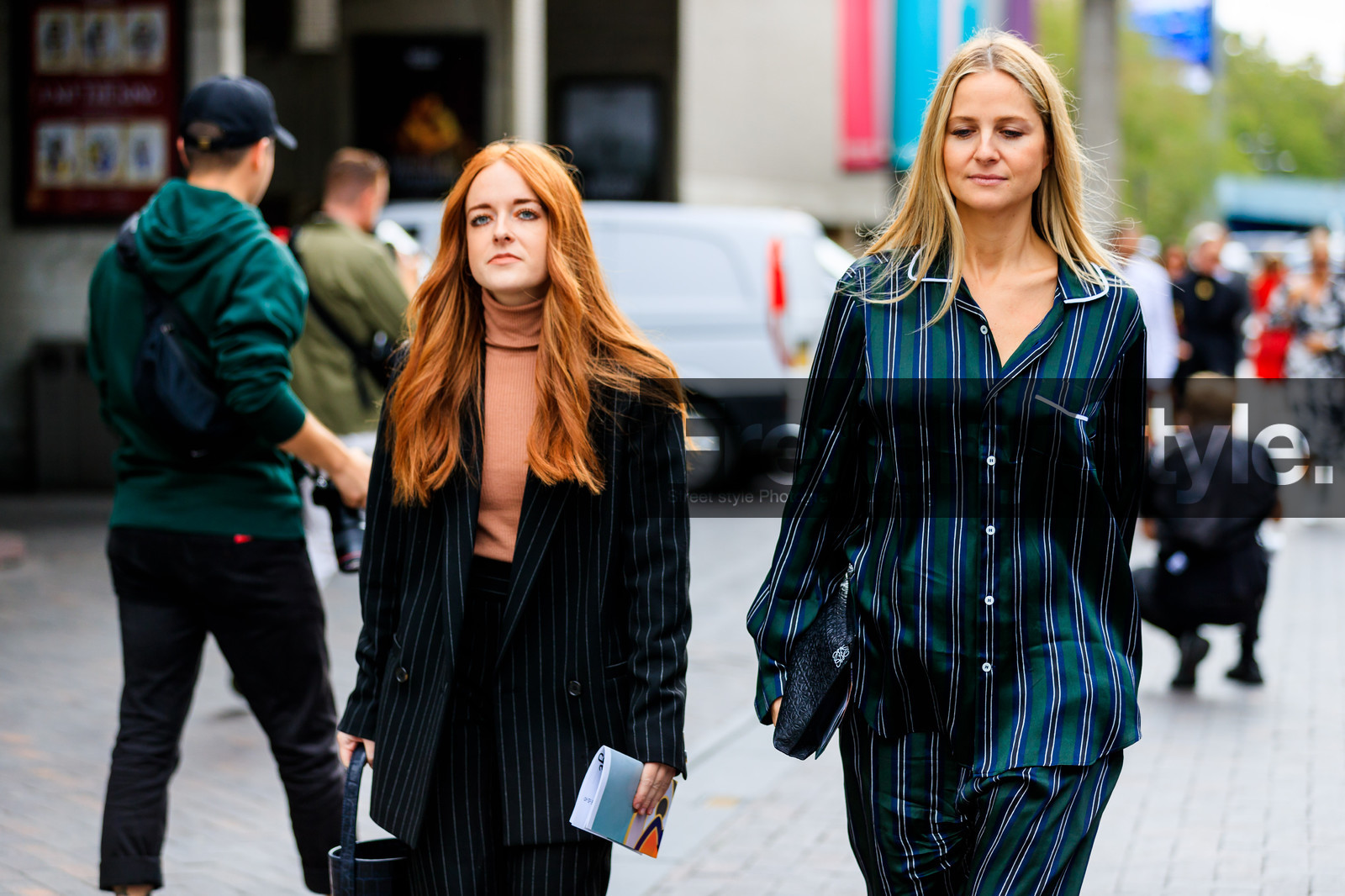 black jacket, blazer, camel sweater, graphic jacket, graphic pants, graphic shirt, green bag, green pants, green shirt, holly estelle russell, leather bag, loewe, pajamas, printed jacket, printed pants, printed shirt, red head, striped jacket, striped pants, striped shirt, trousers, fashion week, frenchystyle, FW, jonathan paciullo, street style, LFW, LONDON, SPRING SUMMER 2019, SS 19, atmosphere details, horizontal, detail