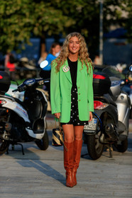 emili sindlev, light green jacket, oversize jacket, gucci pin, gucci bag, quilted bag, white leather bag, black leather bag, bucket bag, chain strap bag, black shorts, floral printed shorts, camel leather boots, high boots, animal skin boots, fashion week, frenchystyle, FW, jonathan paciullo, street style, MFW, MILAN, SPRING SUMMER 2020, SS 20
