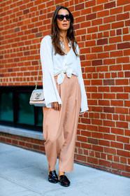 Alice & Js, beige pants, black mules, fashion week, frenchystyle, full length, FW, high waist, jonathan paciullo, leather bag, leather shoes, louis vuitton, metallic bag, NEW YORK, NYFW, salmon, shiny bag, silver bag, SPRING SUMMER 2017, SS 17, street style, sunglasses, tied up shirt, trousers, vertical, white shirt, wide pants, woman