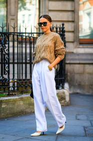 bracelet, camel knit, evangelie smyrniotaki, leather shoes, sunglasses, trousers, white pants, white shoes, fashion week, frenchystyle, FW, jonathan paciullo, street style, LFW, LONDON, SPRING SUMMER 2019, SS 19, vertical, full length