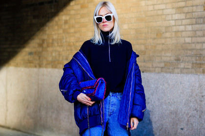 atmosphere details, AUTUMN WINTER 2017-2018, AW 17-18, black sweater, blue bag, blue denim, blue jacket, chanel handbag, denim pants, detail, down jacket, FALL WINTER 2017-2018, fashion week, frenchystyle, FW, FW 17-18, horizontal, jeans, jonathan paciullo, leather bag, linda tol, NEW YORK, NYFW, street style, sunglasses, trousers
