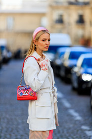 earrings, graphic bag, headband, leather bag, leonie hanne, louis vuitton, pink bag, pink dress, printed bag, red bag, white jacket, fashion week, frenchystyle, FW, jonathan paciullo, street style, PFW, PARIS, AUTUMN WINTER 2019-2020, AW 19-20, FALL WINTER 2019-2020, FW 19-20, vertical, atmosphere details, detail