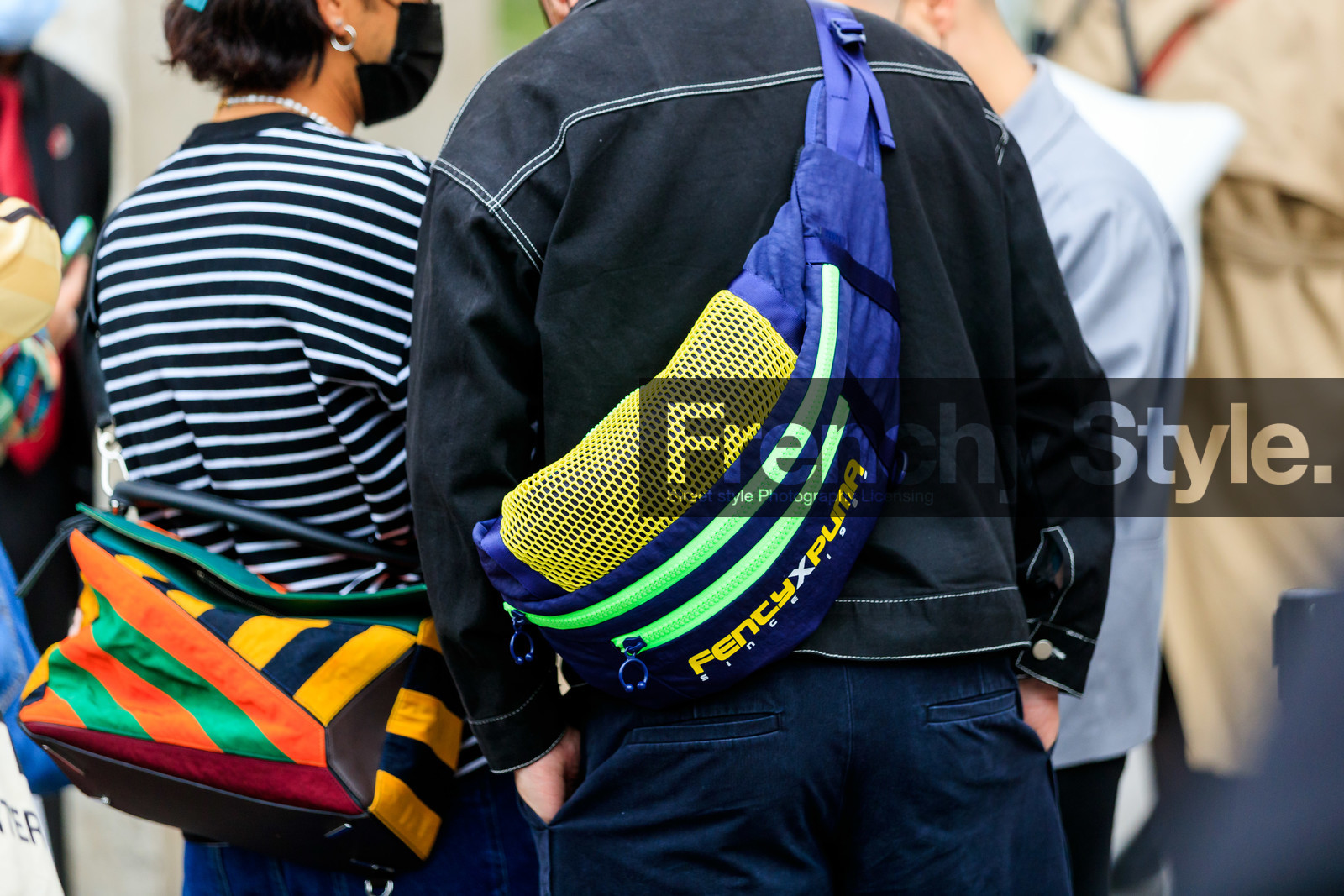 backpack, back details, waist bag, crossbody bag, navy blue bag, fenty bag, striped bag, patchwork bag, suede bag, multicolor bag, orange bag, orange suede bag, green suede bag, yellow suede bag, loewe bag, loewe puzzle bag, bag detail, close up detail, fashion week, frenchystyle, FW, jonathan paciullo, street style, PFW, PARIS, SPRING SUMMER 2022, SS 22, horizontal, atmosphere details, detail