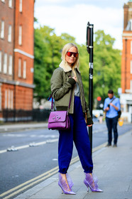 blue pants, bomber jacket, fur collar, green jacket, high heels, jw anderson, leather bag, leather shoes, purple bag, purple shoes, shearling, sunglasses, sweatpants, thora valdimars, trousers, fashion week, frenchystyle, FW, jonathan paciullo, street style, LFW, LONDON, SPRING SUMMER 2019, SS 19, vertical, full length