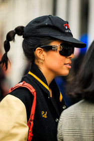 dior sunglasses, baseball jacket, black cap, pony tail, silver earrings, loops, details, close up, street style, jonathan paciullo, FW, frenchystyle, fashion week, NYFW, NEW YORK, AUTUMN WINTER 2022-2023, FALL WINTER 2022_2023, FW 22-23, vertical, atmosphere details