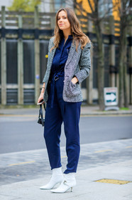 AUTUMN WINTER 2017-2018, AW 17-18, balenciaga, blazer, blue jumpsuit, earrings, FALL WINTER 2017-2018, fashion week, florrie thomas, frenchystyle, full length, FW, FW 17-18, grey jacket, high heels, jonathan paciullo, leather shoes, LFW, LONDON, louis vuitton, street style, trousers, vertical, white shoes