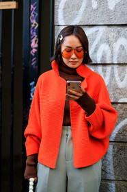 brown sweater, grey pants, hair clip, red jacket, red sweater, sunglasses, trousers, fashion week, frenchystyle, FW, jonathan paciullo, street style, MFW, MILAN, AUTUMN WINTER 2019-2020, AW 19-20, FALL WINTER 2019-2020, FW 19-20, vertical, atmosphere details, detail