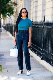black denim, braids, denim pants, green top, high heels, jeans, leather bag, leather shoes, trousers, white bag, white shoes, fashion week, frenchystyle, FW, jonathan paciullo, street style, LFW, LONDON, SPRING SUMMER 2019, SS 19, vertical, full length