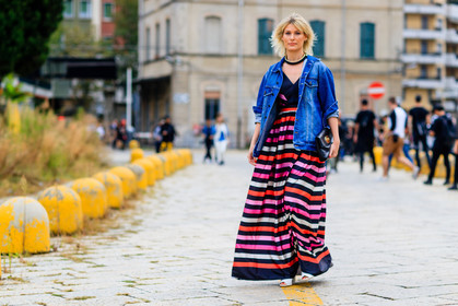 atmosphere details, blue denim, choker, denim jacket, fashion week, frenchystyle, full length, FW, geometric, graphic dress, horizontal, jonathan paciullo, leather bag, MFW, MILAN, multicolor dress, necklace, printed dress, SPRING SUMMER 2017, SS 17, street style, striped dress, stripes