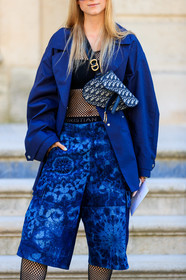 black bra, blue bag, blue denim, blue jacket, Charlotte Groeneveld, christian dior, crop top, denim shorts, fishnet, graphic bag, graphic shorts, leather bag, monogram, printed bag, printed shorts, saddle bag, fashion week, frenchystyle, FW, jonathan paciullo, street style, PFW, PARIS, AUTUMN WINTER 2019-2020, AW 19-20, FALL WINTER 2019-2020, FW 19-20, vertical, atmosphere details, detail