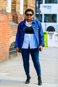 black shoes, black top, blue denim, blue shirt, crop top, céline, denim jacket, denim pants, gabriella karefa johnson, high heels, jeans, leather shoes, striped shirt, sunglasses, trousers, fashion week, frenchystyle, FW, jonathan paciullo, street style, LFW, LONDON, AUTUMN WINTER 2019-2020, AW 19-20, FW 19-20, FALL WINTER 2019-2020, vertical, full length