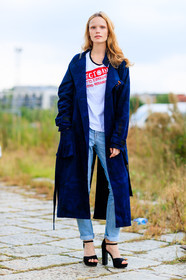 black sandals, blue coat, blue denim, denim pants, fashion week, frenchystyle, full length, FW, high heels, jeans, jonathan paciullo, leather shoes, MFW, MILAN, model, overcoat, Polina Oganicheva, SPRING SUMMER 2017, SS 17, street style, trousers, vertical, white t shirt