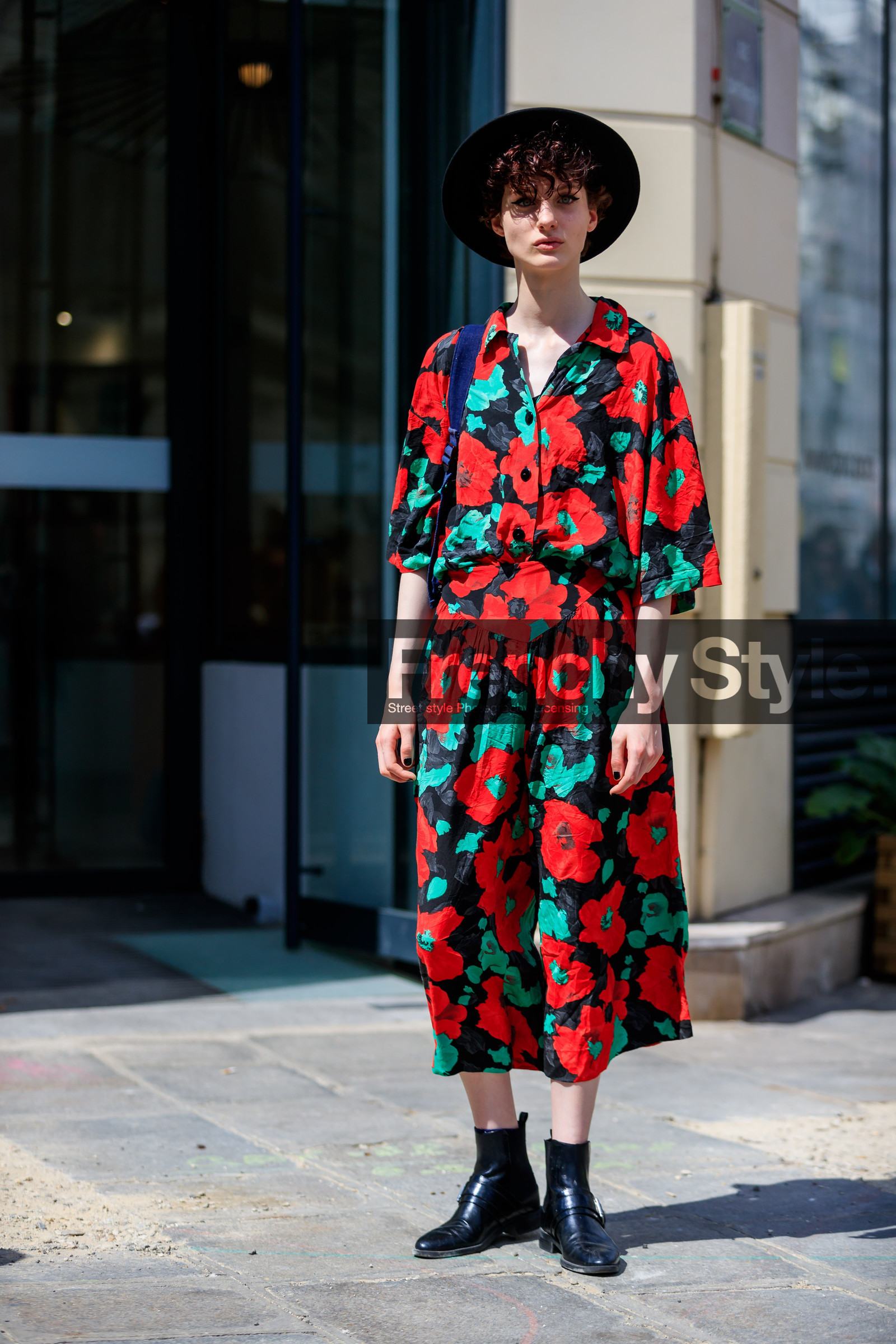 black hat, black shoes, floral, flowers, graphic dress, leather shoes, printed dress, red dress, PFW, fashion week, frenchystyle, FW, jonathan paciullo, street style, PARIS, vertical, full length, model, AUTUMN WINTER 2018-2019, FALL WINTER 2018-2019, FW 18-19