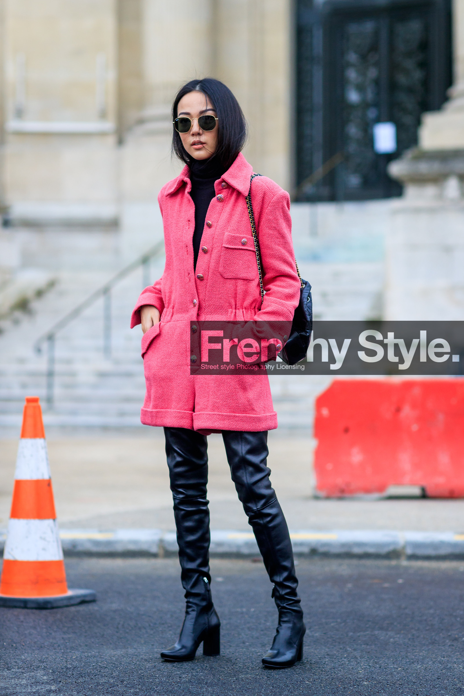 AUTUMN WINTER 2017-2018, AW 17-18, black bag, black shoes, chanel, FALL WINTER 2017-2018, fashion week, frenchystyle, full length, FW, FW 17-18, high boots, high heels, jonathan paciullo, leather bag, leather shoes, PARIS, PFW, pink jumpsuit, street style, sunglasses, trousers, vertical, yoyo cao