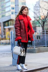 AUTUMN WINTER 2016-2017, AW 16-17, black pants, ece sukan, fashion week, frenchystyle, full length, fur bag, FW, FW 16-17, jonathan paciullo, leather jacket, NEW YORK, NYFW, red jacket, red sweater, shearling, silver heels, silver shoes, street style, striped pants, suede jacket, turtleneck sweater, vertical, white bag, woman