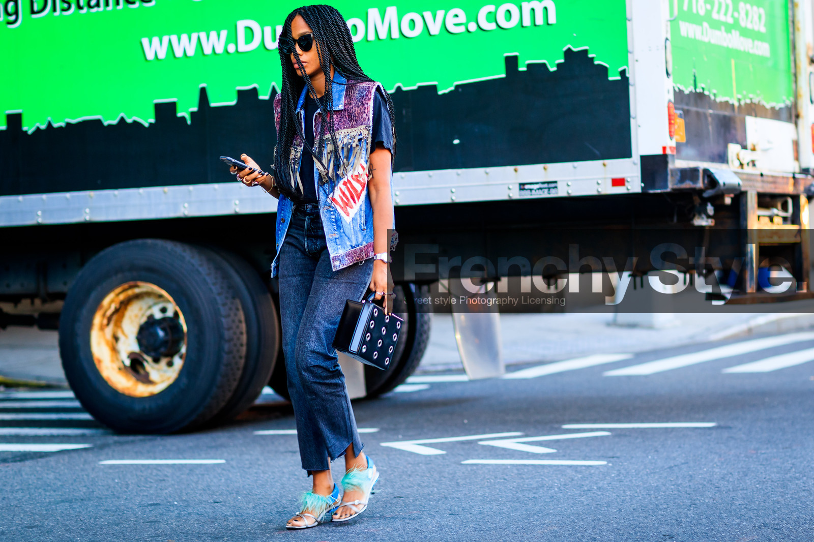 atmosphere details, black bag, blue denim, denim jacket, denim pants, embroidered jacket, fashion week, feathers, frenchystyle, full length, FW, graphic jacket, grey shoes, high heels, horizontal, jan-michael quammie, jeans, jonathan paciullo, leather bag, leather shoes, NEW YORK, NYFW, prada, printed jacket, sleeveless, SPRING SUMMER 2018, SS 18, street style, studs, sunglasses, trousers