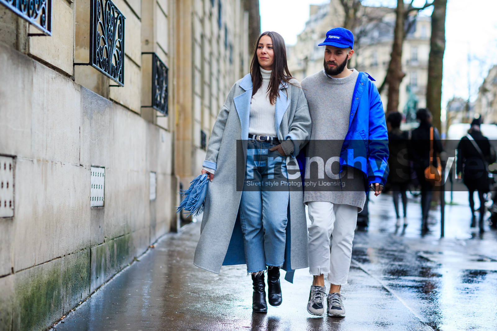 adidas, atmosphere details, AUTUMN WINTER 2016-2017, AW 16-17, black boots, blue bag, blue cap, blue denim, blue jacket, denim pants, FALL WINTER 2016-2017, fashion week, frenchystyle, fringes, full length, FW, FW 16-17, grey coat, grey heels, grey sneakers, grey sweater, high heels, horizontal, jeans, jonathan paciullo, leather boots, PARIS, PFW, reebok, roger vivier, street style, suede bag, supreme, trousers, turtleneck sweater, white denim, white knit, white sweater