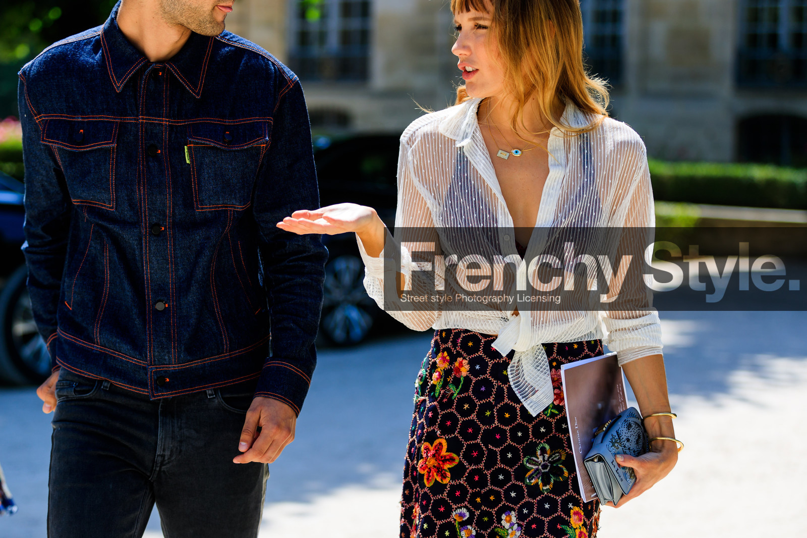 black bra, blue denim, bracelet, denim jacket, denim pants, graphic skirt, jeans, printed skirt, see through, white shirt, fashion week, frenchystyle, FW, jonathan paciullo, street style, PFW, PARIS, horizontal, atmosphere details, detail, AUTUMN WINTER 2018-2019, FALL WINTER 2018-2019, FW 18-19, louisana gonzalez, ana girardot