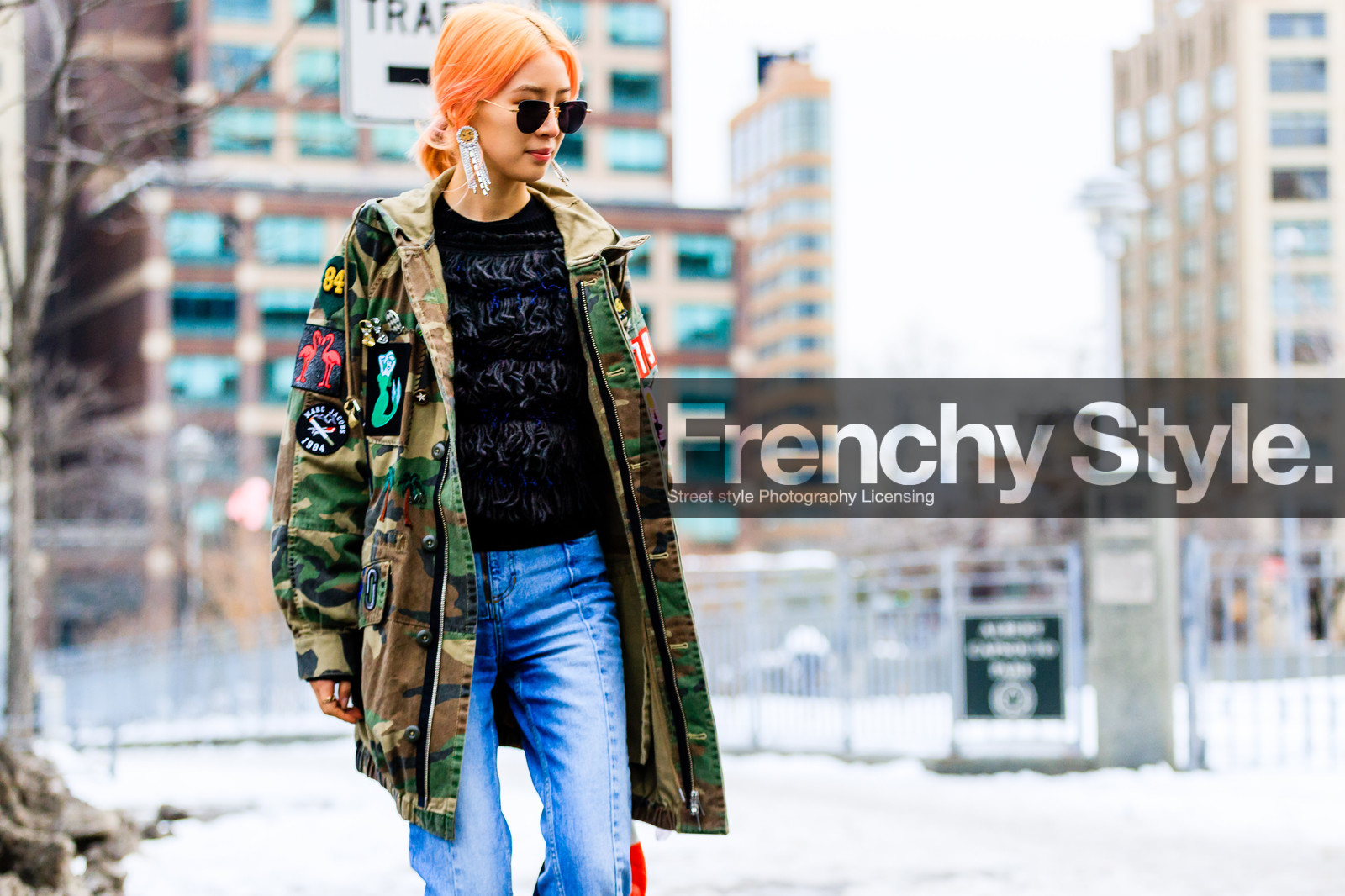 atmosphere details, AUTUMN WINTER 2017-2018, AW 17-18, black sweater, blue denim, camo jacket, camouflage, denim pants, detail, dyed hair, embroidered jacket, FALL WINTER 2017-2018, fashion week, frenchystyle, FW, FW 17-18, green jacket, horizontal, irene kim, jeans, jonathan paciullo, NEW YORK, NYFW, parka, printed jacket, street style, sunglasses, trousers