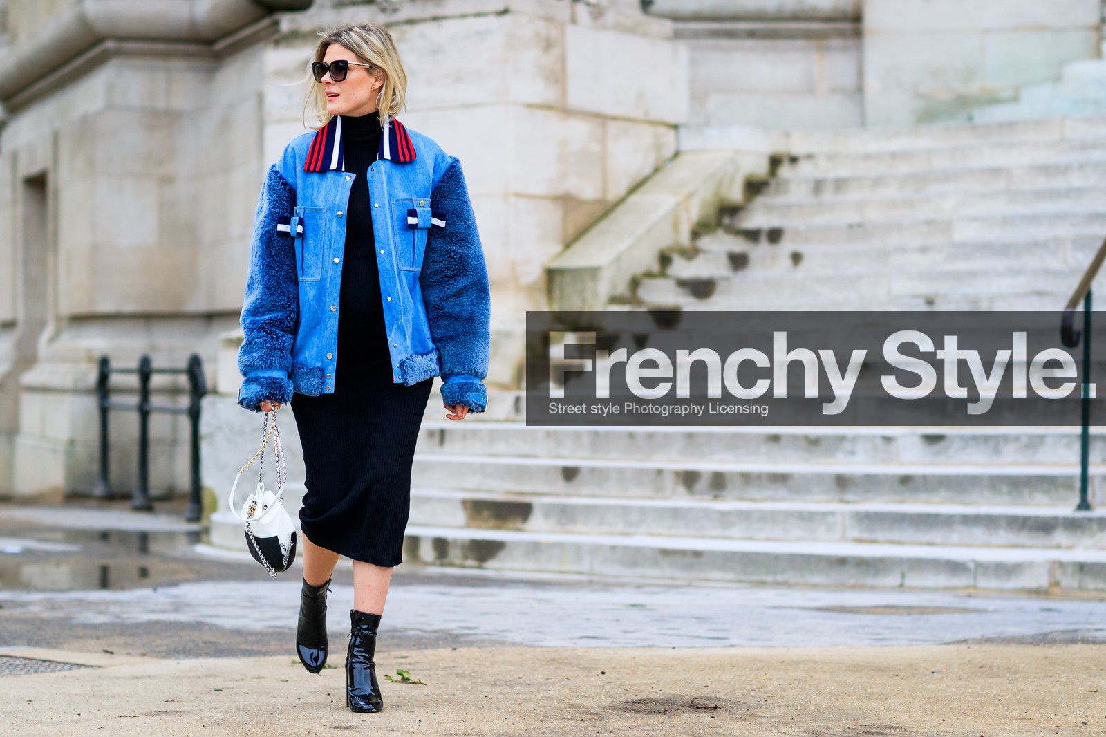atmosphere details, AUTUMN WINTER 2017-2018, AW 17-18, black and white bag, black dress, black shoes, blue fur coat, blue jacket, chanel, FALL WINTER 2017-2018, fashion week, frenchystyle, full length, FW, FW 17-18, graphic jacket, high heels, horizontal, jonathan paciullo, leather bag, leather shoes, PARIS, PFW, shearling, sofie valkiers, street style, sunglasses, varnished leather shoes