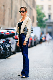 beige jacket, beige shoes, black top, blue denim, chanel handbag, denim pants, graphic bag, jeans, leather bag, leather shoes, printed bag, sunglasses, trousers, tweed bag, fashion week, frenchystyle, FW, jonathan paciullo, street style, MFW, MILAN, SPRING SUMMER 2019, SS 19, vertical, full length