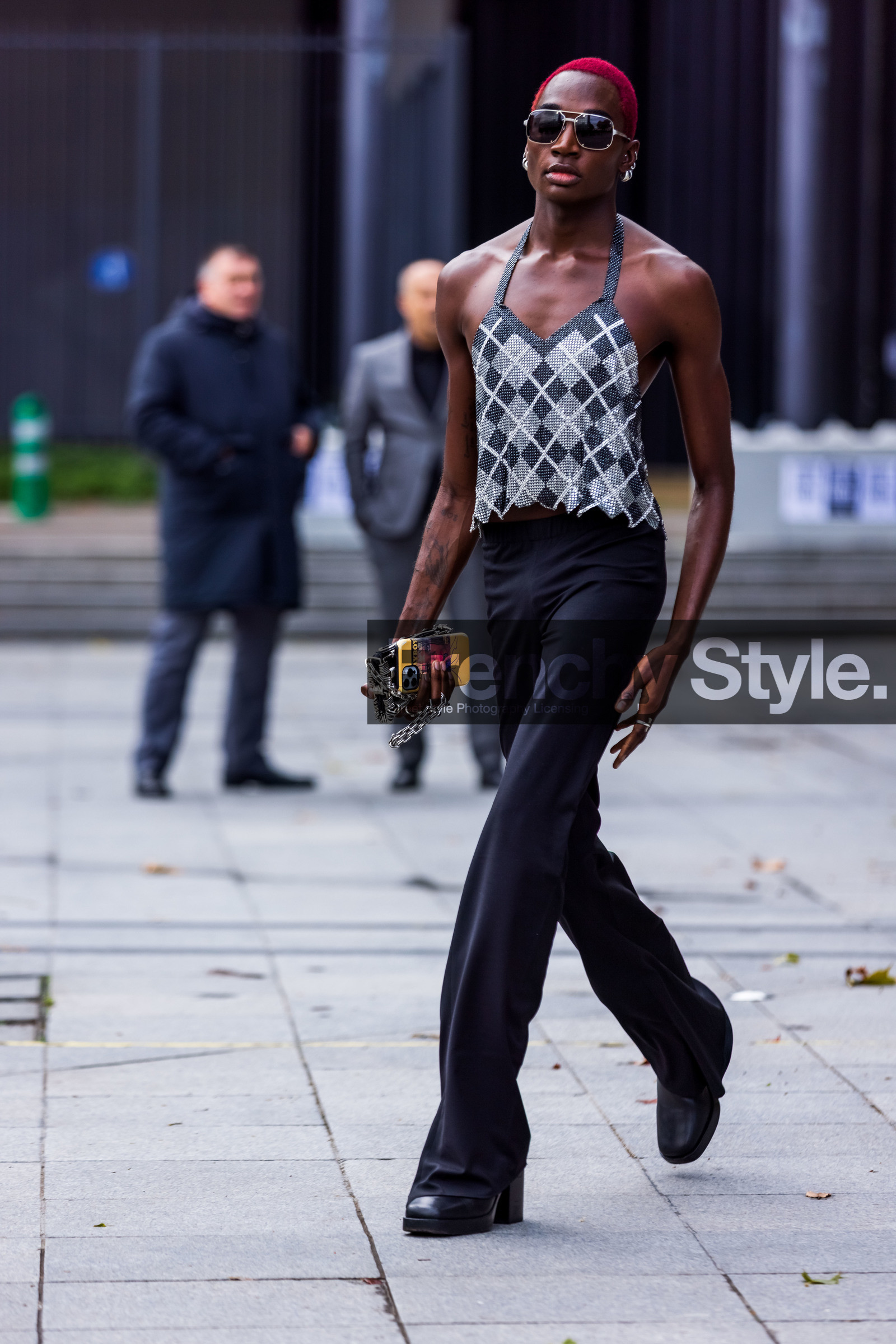 bag, black pants, check, checked top, menswear, pants, printed top, Rickey Thompson, statement bag, strass, strassed top, sunglasses, fashion week, frenchystyle, FW, jonathan paciullo, street style, PFW, PARIS, SPRING SUMMER 2022, SS 22, vertical, full length