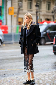 camille charriere, miu miu skirt, miu miu cardigan, black leather loafers, black skirt, black coat, golden buckle shoes, roger vivier shoes, sheer skirt, long skirt, tulle skirt, strassed skirt, embroidered skirt, sequins skirt, PARIS, PFW, fashion week, frenchystyle, FW, jonathan paciullo, street style, SPRING SUMMER 2021, SS 21, vertical, full length