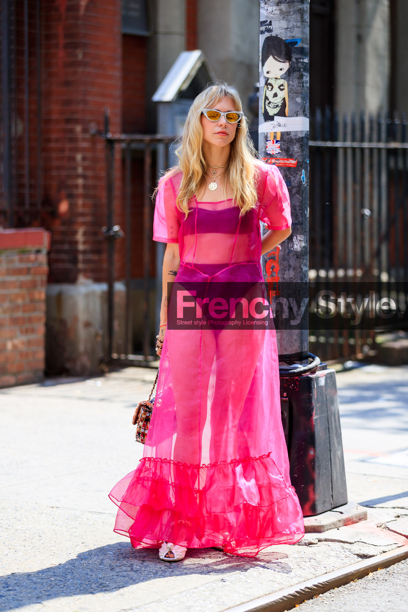 black bra, chanel handbag, courtney trop, embroidered bag, leather bag, leather shoes, pink dress, see through, sequined bag, sunglasses, white shoes, fashion week, frenchystyle, FW, jonathan paciullo, street style, NYFW, NEW YORK, SPRING SUMMER 2019, SS 19, vertical, full length