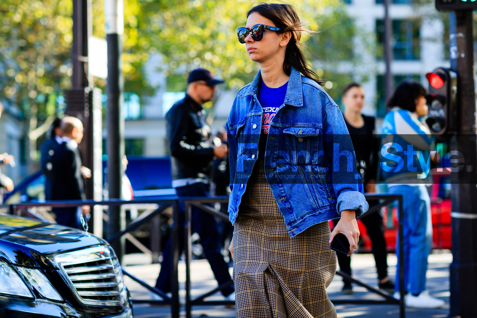 atmosphere details, balenciaga, blue denim, brown skirt, checked skirt, denim jacket, detail, fashion week, frenchystyle, FW, horizontal, jonathan paciullo, natasha goldenberg, PARIS, PFW, plaid, printed skirt, SPRING SUMMER 2017, SS 17, street style, striped skirt, sunglasses, tartan