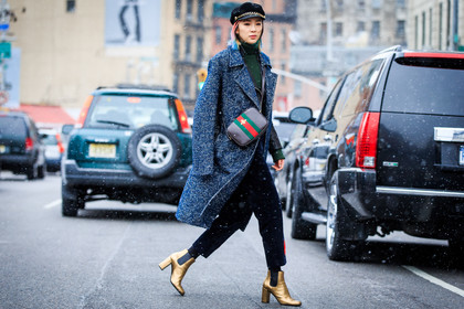 atmosphere details, AUTUMN WINTER 2016-2017, AW 16-17, black, black hat, black jacket, black perfecto, blue, blue coat, blue pants, embroidered pants, fashion week, frenchystyle, full length, FW, FW 16-17, gold, golden boots, green, green sweater, grey coat, gucci, high heels, horizontal, irene kim, jonathan paciullo, leather bag, leather boots, leather jacket, leather perfecto, NEW YORK, NYFW, over the shoulder, printed bag, red, street style, stripes, turtleneck sweater, velvet, woman