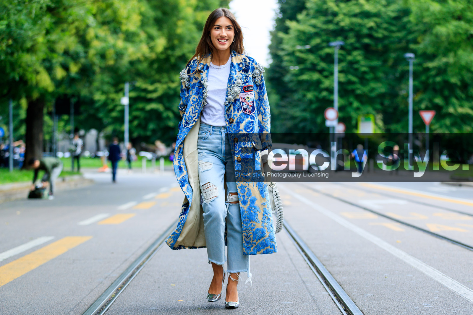atmosphere details, blue coat, blue denim, brocard, brooch, denim pants, embroidered coat, fashion week, frenchystyle, full length, FW, high heels, horizontal, jeans, jonathan paciullo, leather shoes, MFW, MILAN, miu miu, overcoat, patricia manfield, pearls, printed coat, ripped pants, silver shoes, SPRING SUMMER 2017, SS 17, street style, trousers, white bag, white t shirt
